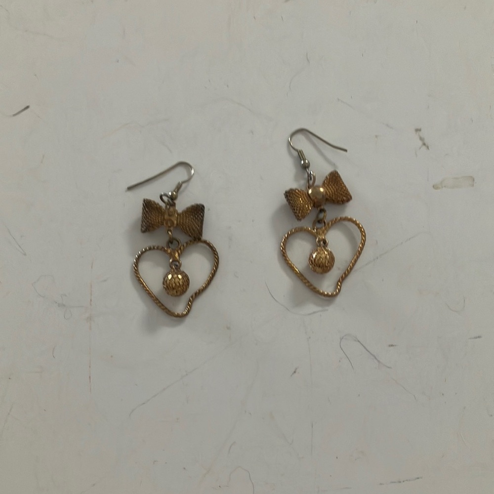 Gold tone Heart Bow Earrings